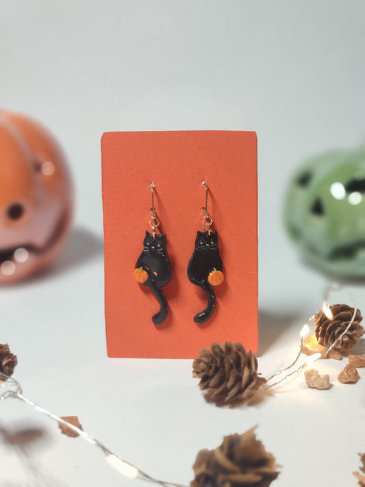 Black Cat with Pumpkin Earrings