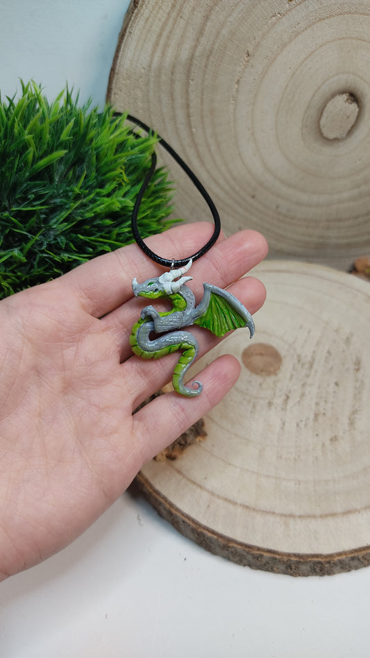 Handmade Grey Dragon Necklace -Clay-