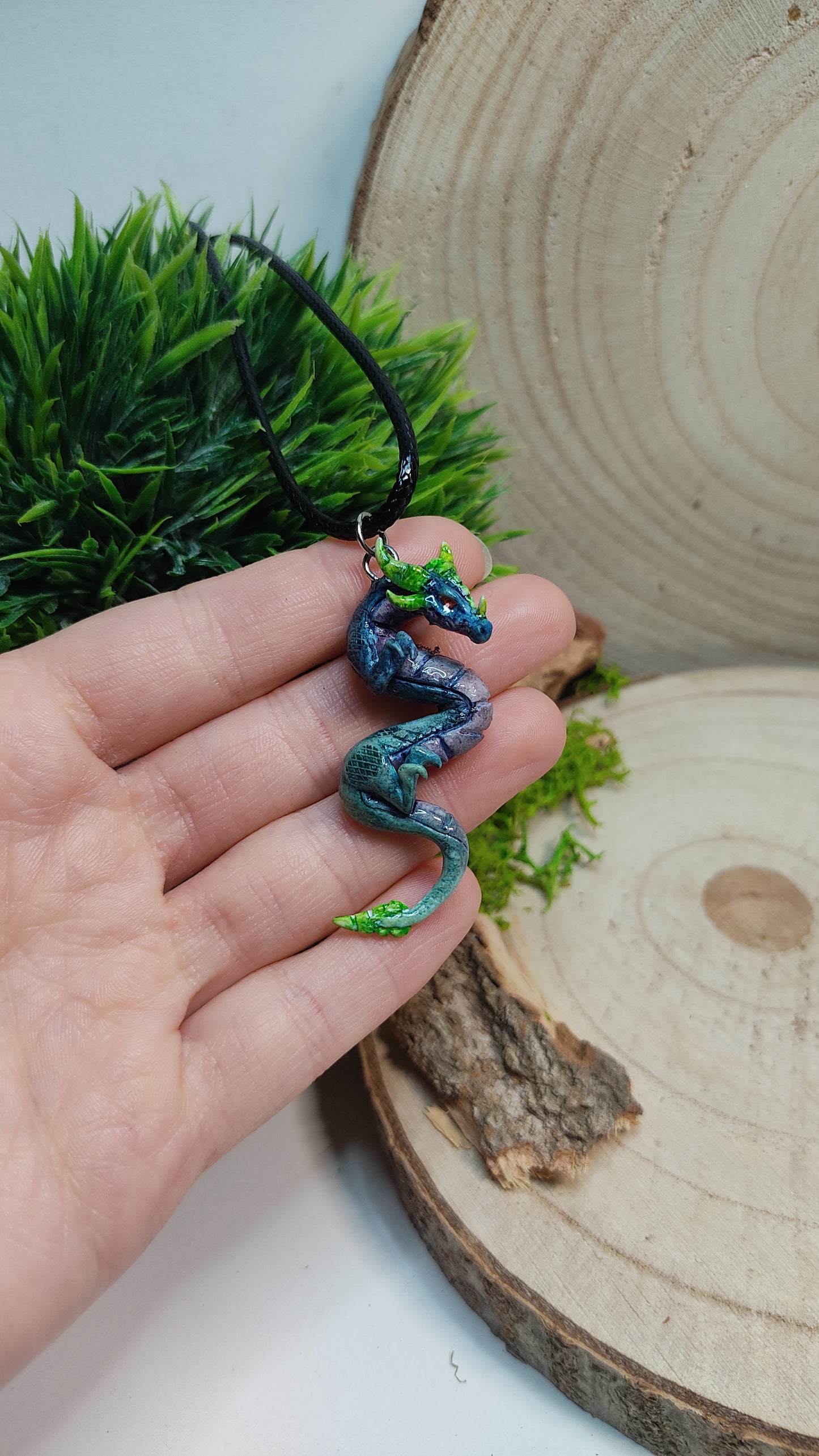 Handmade Blue Dragon Necklace -Clay-