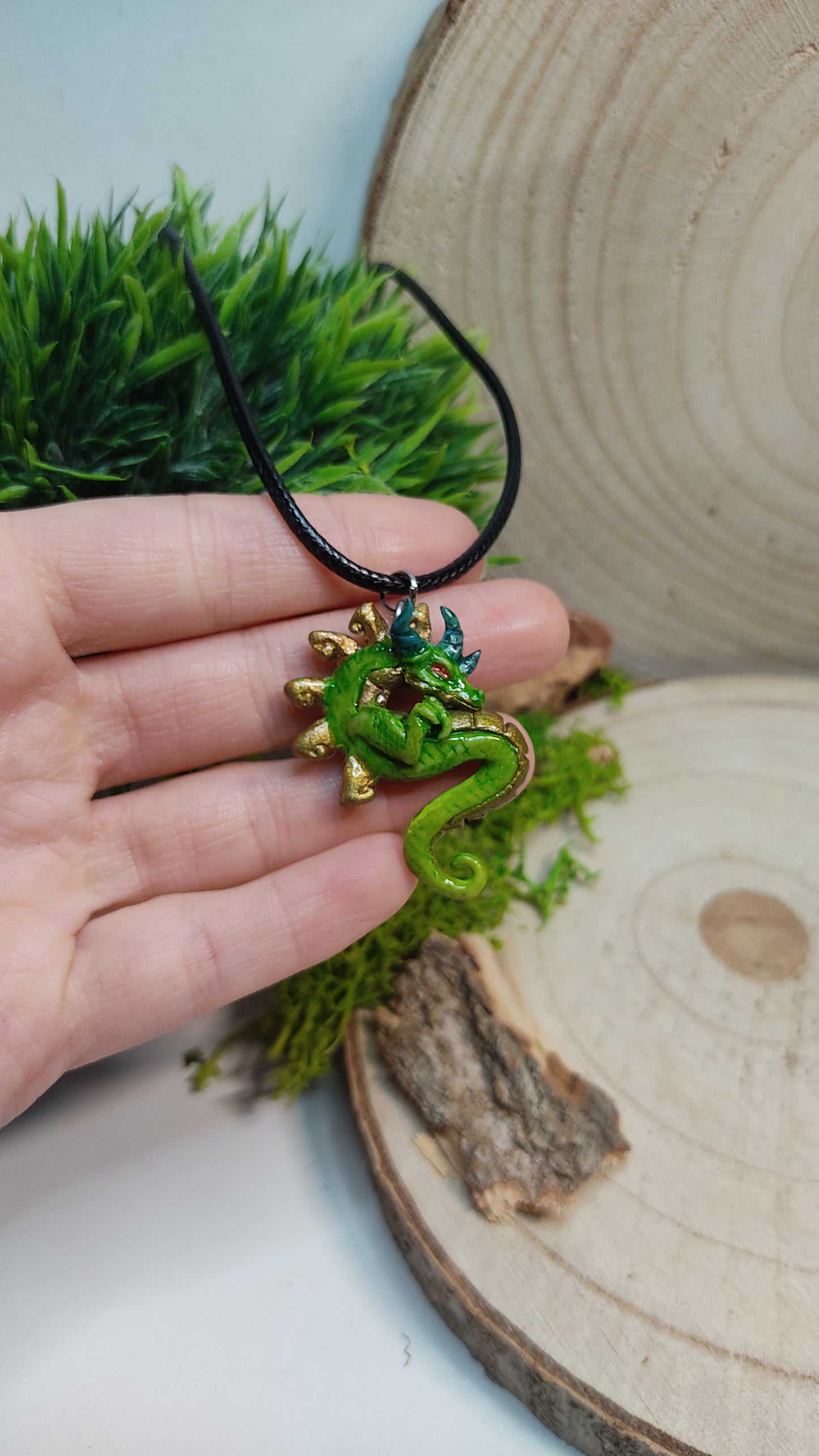 Handmade Green Dragon Necklace -Clay-