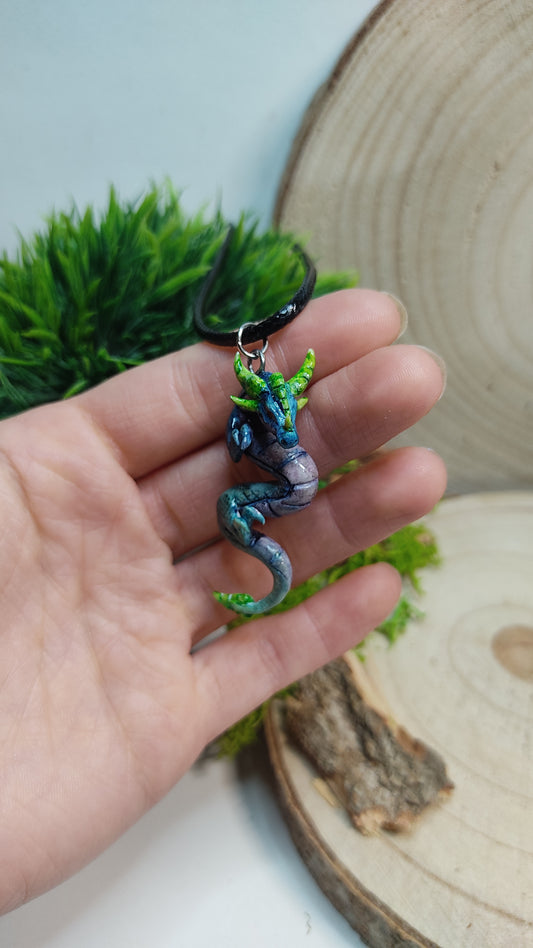 Handmade Blue Dragon Necklace -Clay-