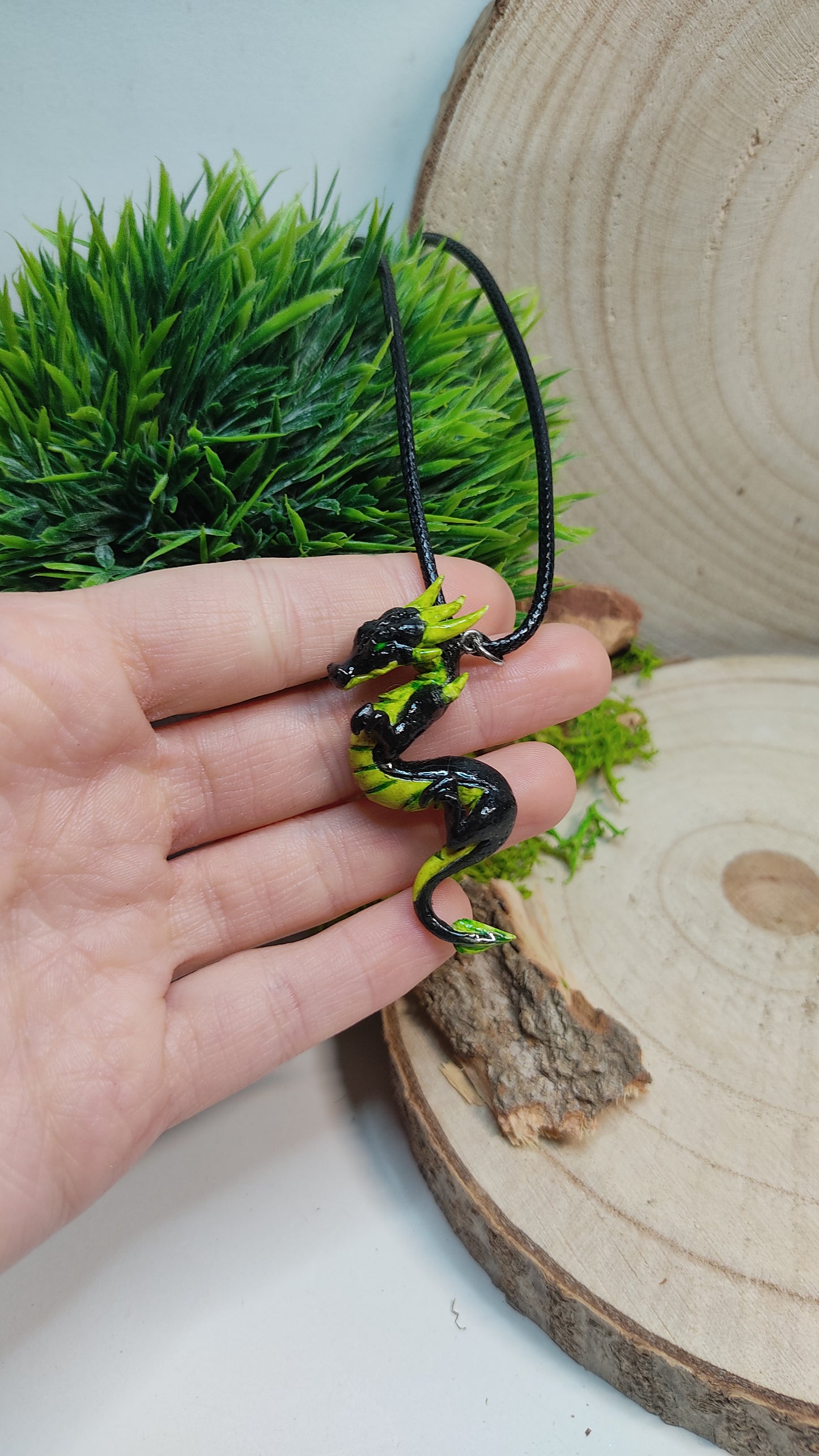 Handmade Black Dragon Necklace -Clay-